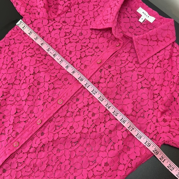 Milly Hot Pink All Over Lace Button Up Shirt Medium Puff Sleeve Semi Sheer - Picture 11 of 15